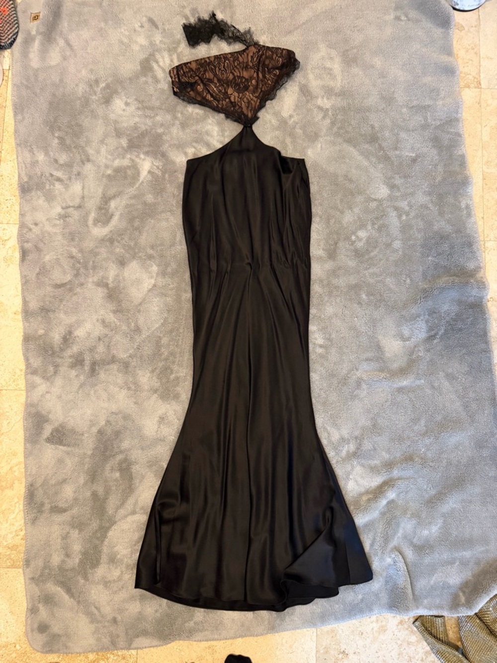 Retrofete Black Lace-Detail Satin Halter Mermaid Evening Dress